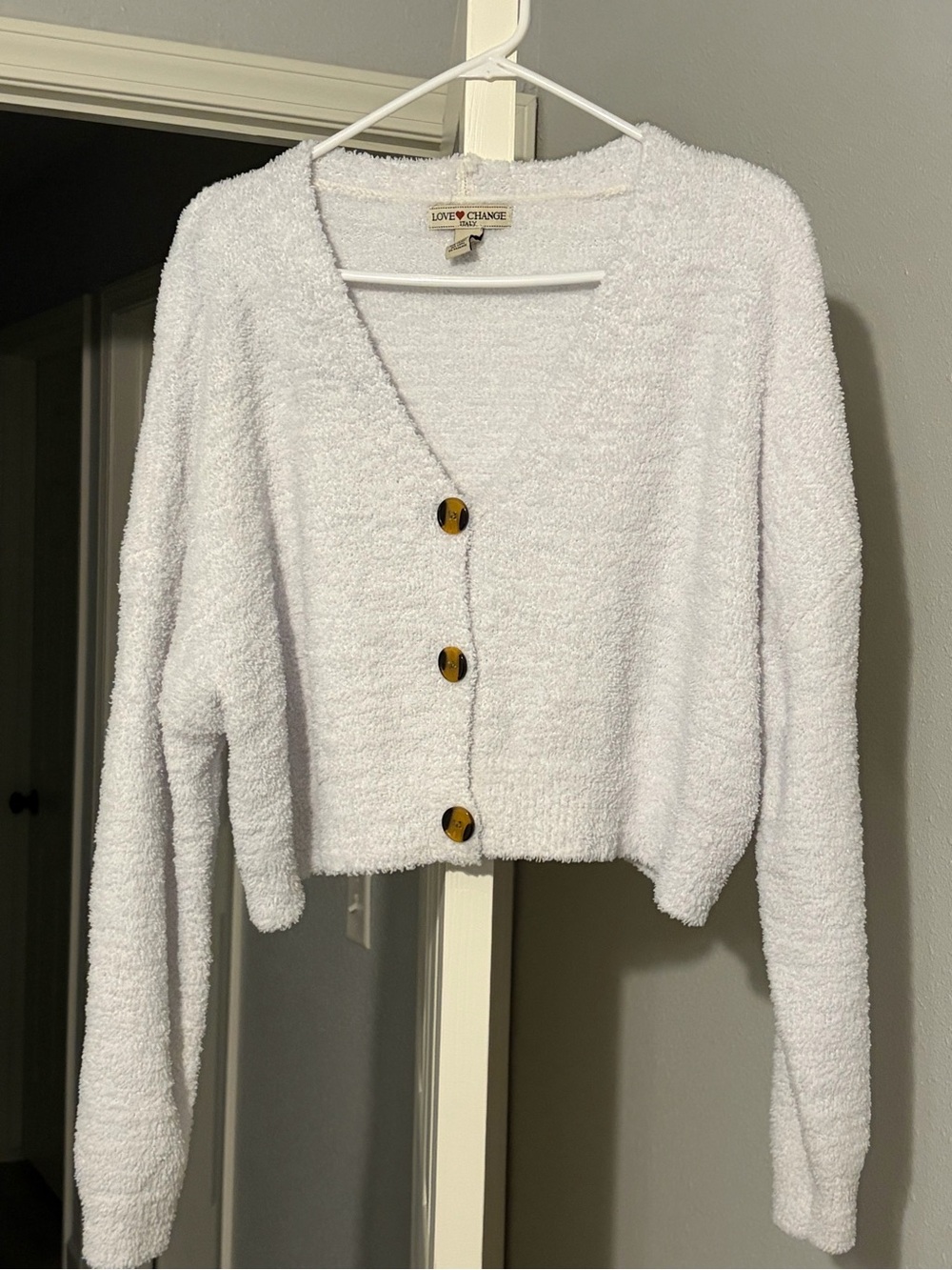 LOVE CHANGE , White Plush Button-Front Cropped sweater